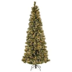 Pre-Lit Artificial Slim Christmas Tree, Green, Glittery Bristle Pine, White Lights, Includes Stand, 7.5 Feet